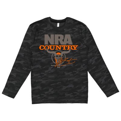 nra country jacob bryant mens camo long sleeve t shirt with blaze orange logo